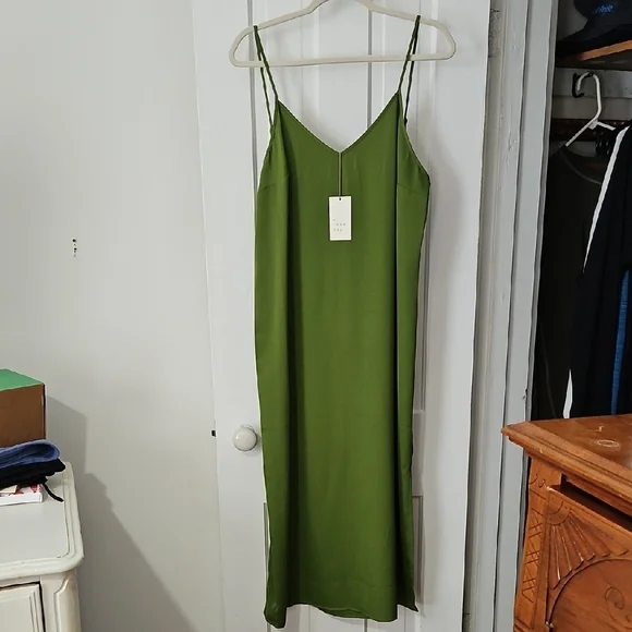 knee length dresses for ladies Olive Green Silk Slip Sleeveless Midi Dress